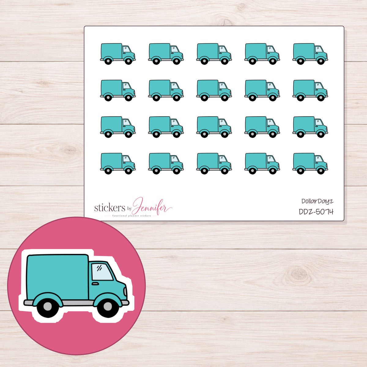 Teal Delivery Truck Planner Stickers | DDZ-5074 — 4 × 3 inch sheet and enlarged sticker detail