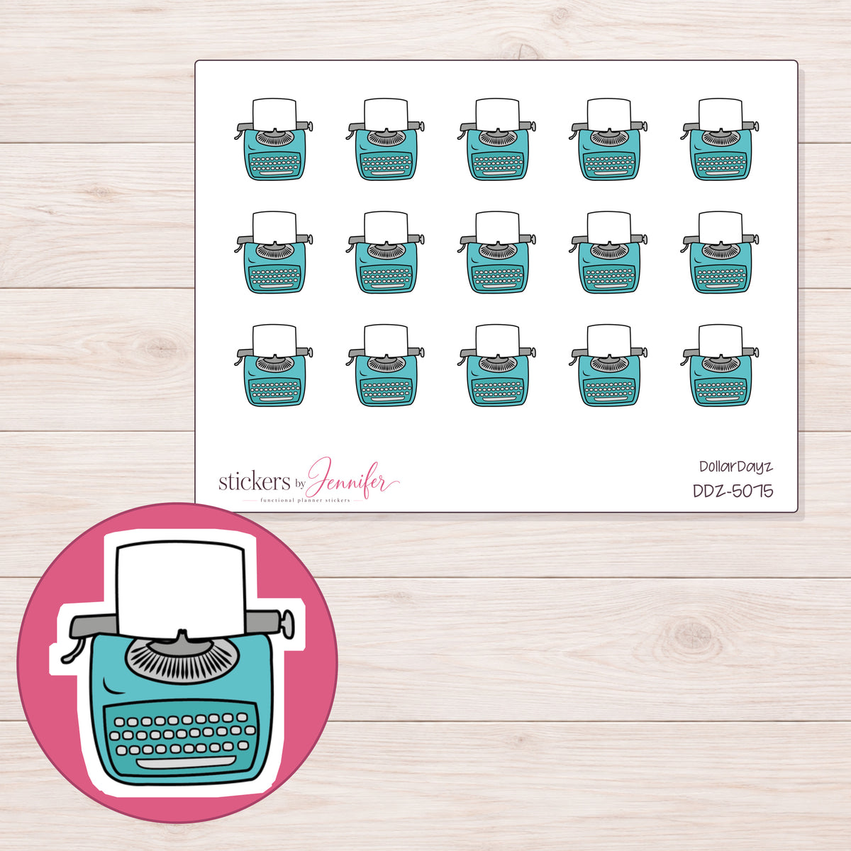 Teal Typewriter Planner Stickers | DDZ-5075 — 4 × 3 inch sheet and enlarged sticker detail
