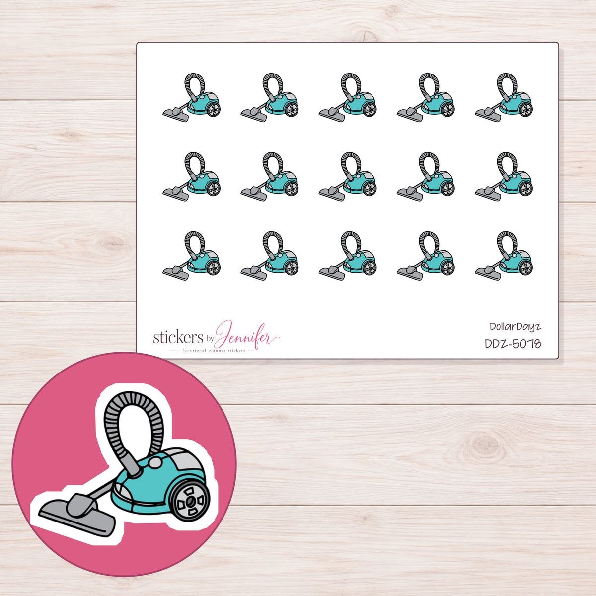 Teal Vacuum Cleaner Planner Stickers | DDZ-5078 — 4 × 3 inch sheet and enlarged sticker detail