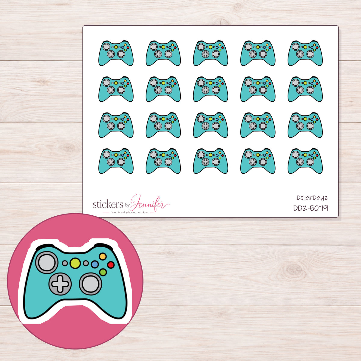 Teal Game Controller Planner Stickers | DDZ-5079 — 4 × 3 inch sheet and enlarged sticker detail