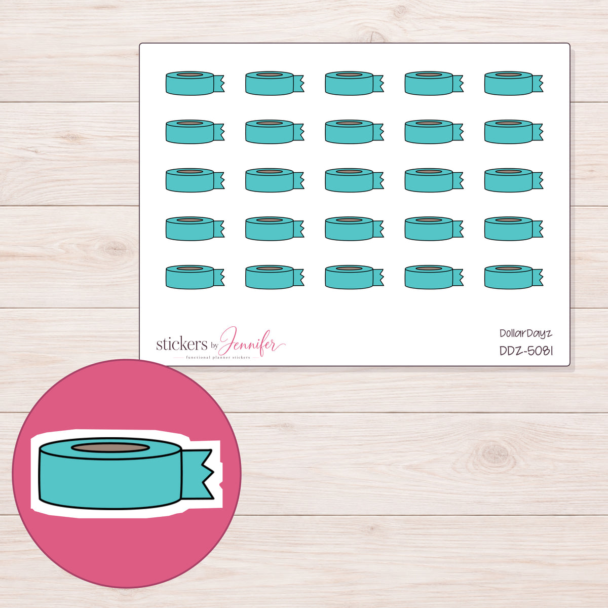 Teal Washi Roll with Loose End Planner Stickers | DDZ-5081 — 4 × 3 inch sheet and enlarged sticker detail