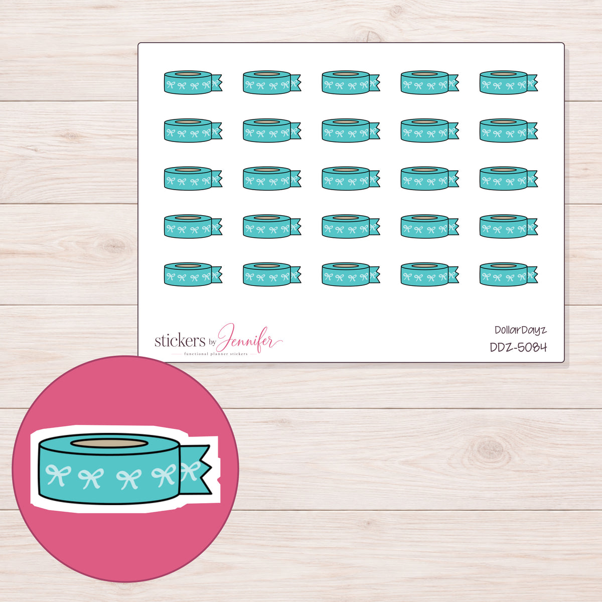 Teal Bow Washi with Loose End Planner Stickers | DDZ-5084 — 4 × 3 inch sheet and enlarged sticker detail