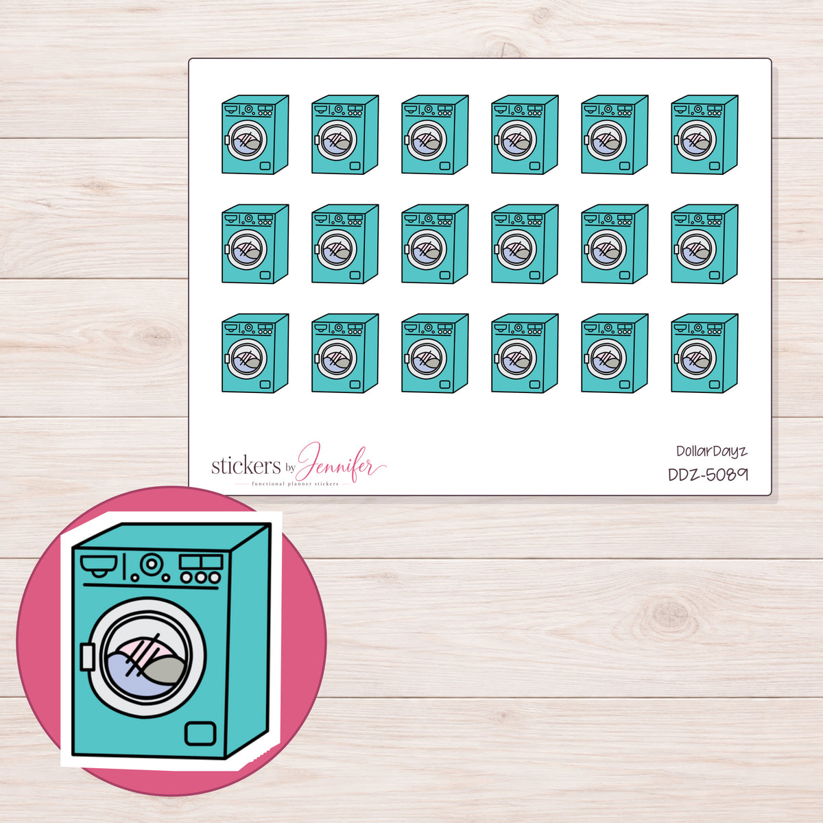 Teal Washing Machine Planner Stickers | DDZ-5089 — 4 × 3 inch sheet and enlarged sticker detail