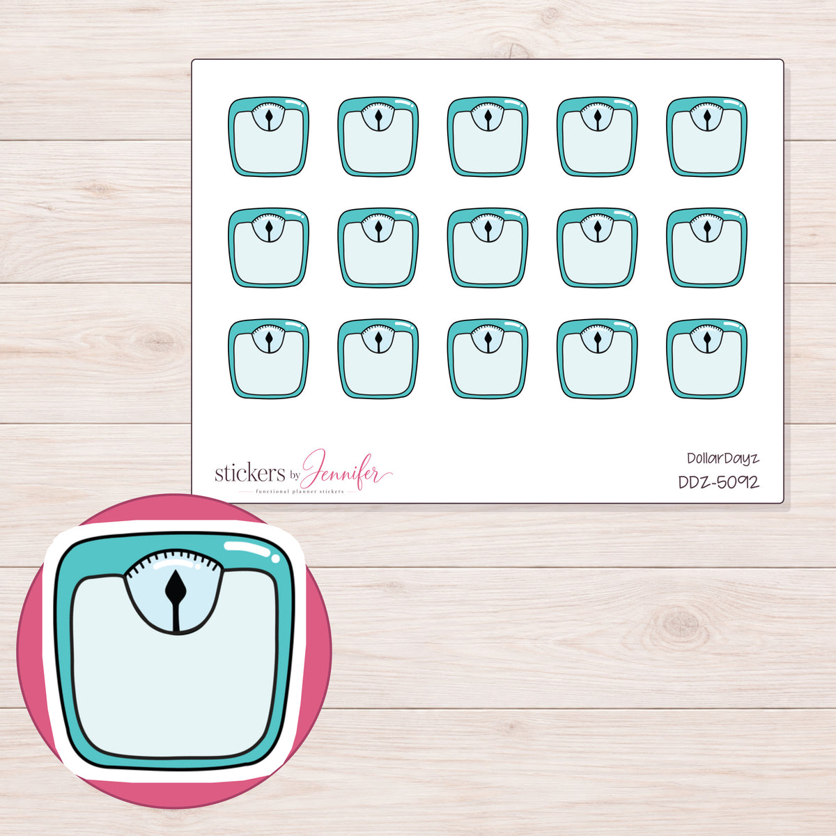 Teal Bathroom Scale Planner Stickers | DDZ-5092 — 4 × 3 inch sheet and enlarged sticker detail