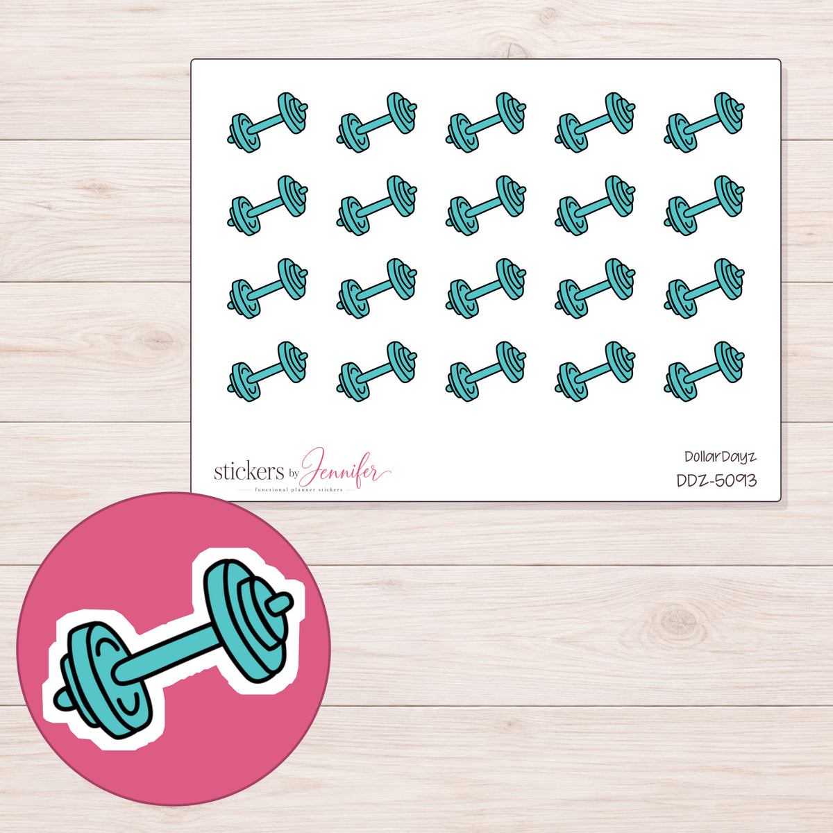 Teal Dumbbell Planner Stickers | DDZ-5093 — 4 × 3 inch sheet and enlarged sticker detail