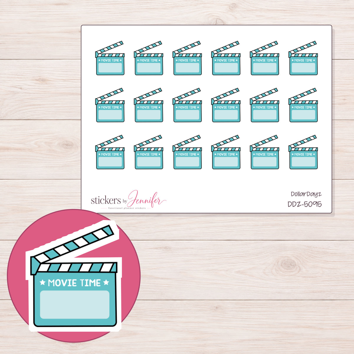 Teal Movie Time Clapperboard Planner Stickers | DDZ-5095 — 4 × 3 inch sheet and enlarged sticker detail