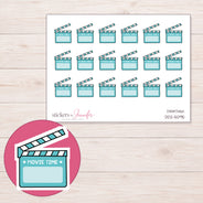 Teal Movie Time Clapperboard Planner Stickers | DDZ-5095 — 4 × 3 inch sheet and enlarged sticker detail