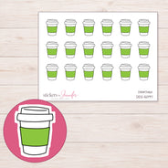 Green Sleeve Coffee Cup Planner Stickers | DDZ-5097 — 4 × 3 inch sheet and enlarged sticker detail