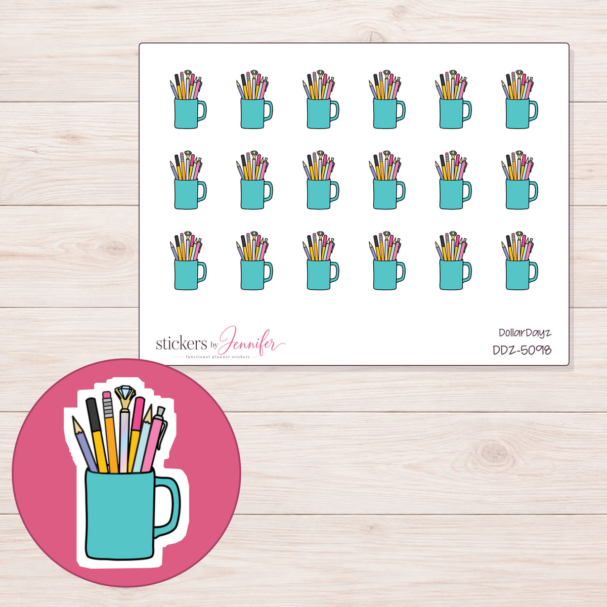 Teal Cup of Pencils Planner Stickers | DDZ-5098 — 4 × 3 inch sheet and enlarged sticker detail