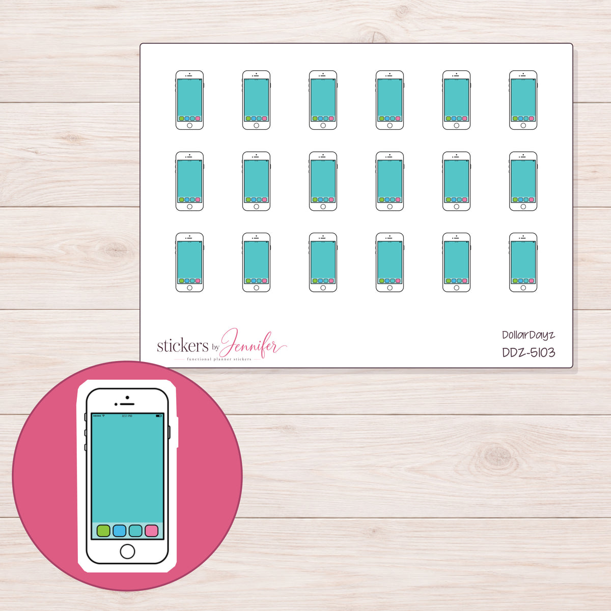 White Smartphone with Teal Screen Planner Stickers | DDZ-5103 — 4 × 3 inch sheet and enlarged sticker detail