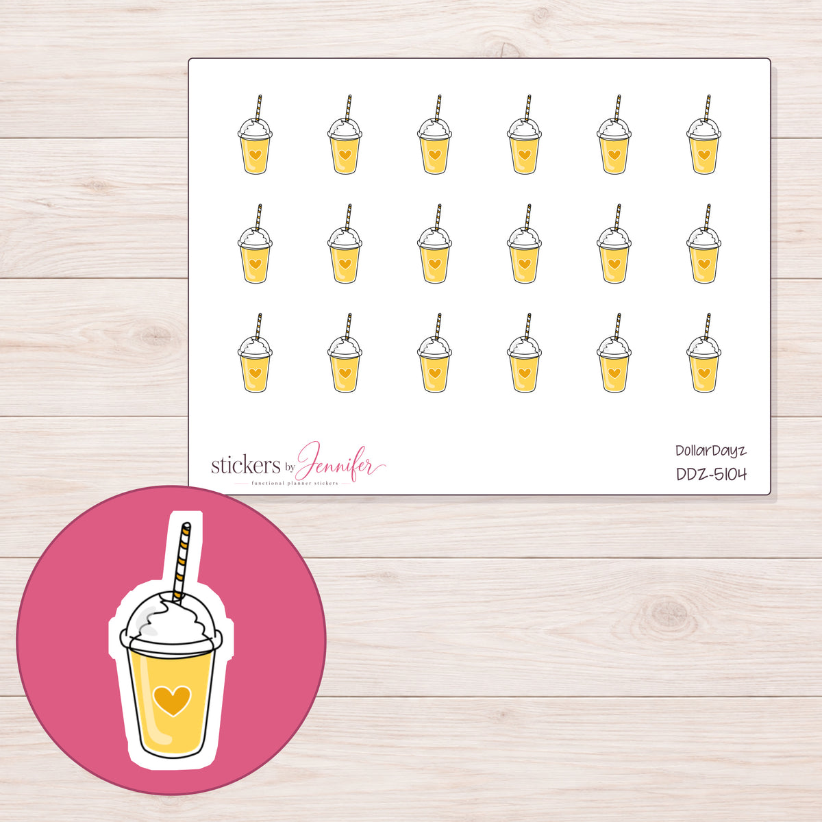 Yellow Heart Smoothie Planner Stickers | DDZ-5104 — 4 × 3 inch sheet and enlarged sticker detail