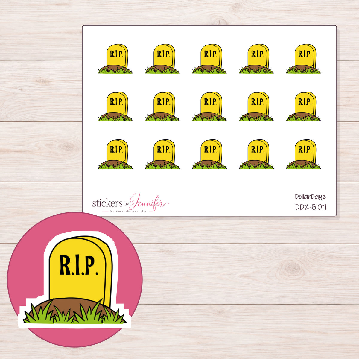 Yellow RIP Gravestone Planner Stickers | DDZ-5107 — 4 × 3 inch sheet and enlarged sticker detail