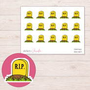 Yellow RIP Gravestone Planner Stickers | DDZ-5107 — 4 × 3 inch sheet and enlarged sticker detail