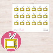 Yellow Retro Television Planner Stickers | DDZ-5108 — 4 × 3 inch sheet and enlarged sticker detail