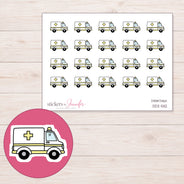 Yellow Accent Ambulance Planner Stickers | DDZ-5112 — 4 × 3 inch sheet and enlarged sticker detail