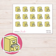 Yellow Filing Cabinet Planner Stickers | DDZ-5113 — 4 × 3 inch sheet and enlarged sticker detail