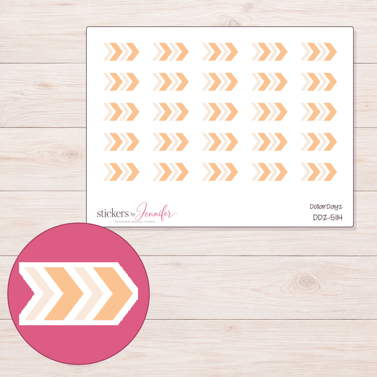 Peach Chevron Arrows Planner Stickers | DDZ-5114 — 4 × 3 inch sheet and enlarged sticker detail