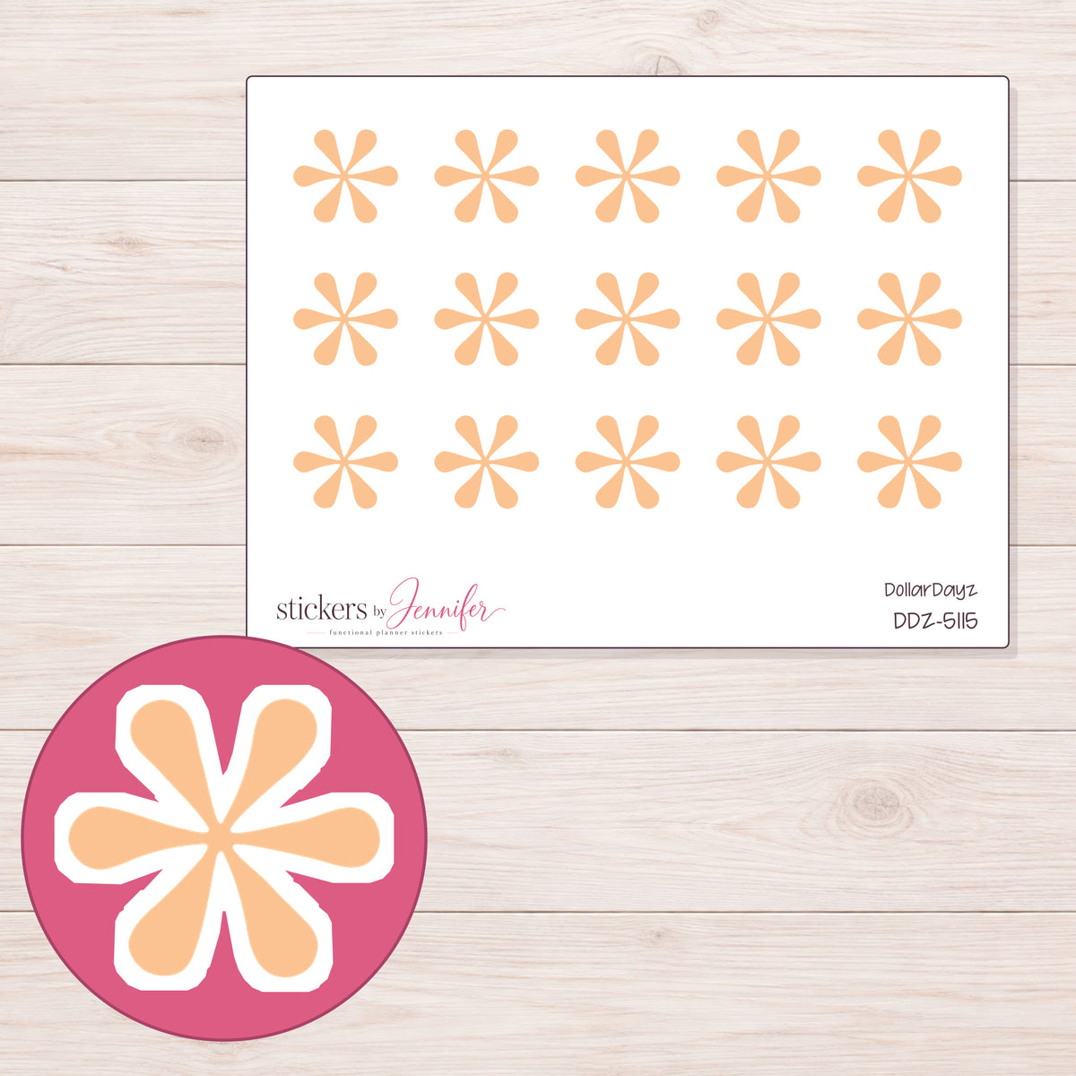 Peach Asterisk Flower Planner Stickers | DDZ-5115 — 4 × 3 inch sheet and enlarged sticker detail