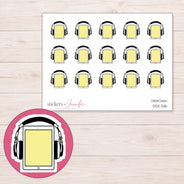 Yellow Audiobook Player Planner Stickers | DDZ-5116 — 4 × 3 inch sheet and enlarged sticker detail
