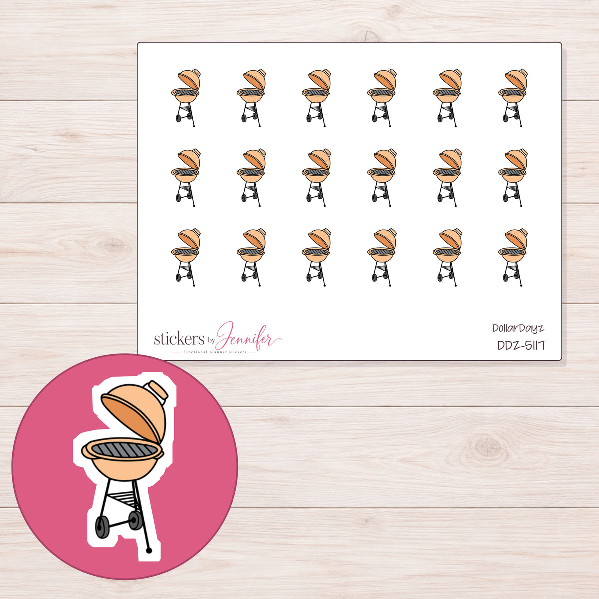 Peach Barbecue Grill Planner Stickers | DDZ-5117 — 4 × 3 inch sheet and enlarged sticker detail