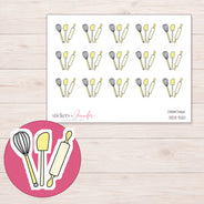 Yellow Baking Utensils Planner Stickers | DDZ-5121 — 4 × 3 inch sheet and enlarged sticker detail