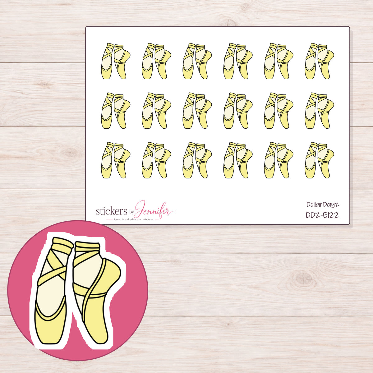 Yellow Ballet Shoes Planner Stickers | DDZ-5122 — 4 × 3 inch sheet and enlarged sticker detail