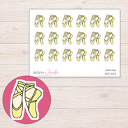 Yellow Ballet Shoes Planner Stickers | DDZ-5122 — 4 × 3 inch sheet and enlarged sticker detail