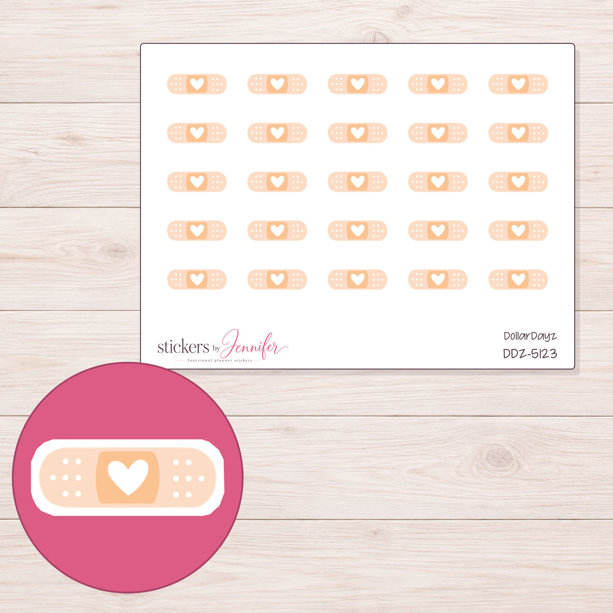 Peach Heart Bandage Planner Stickers | DDZ-5123 — 4 × 3 inch sheet and enlarged sticker detail