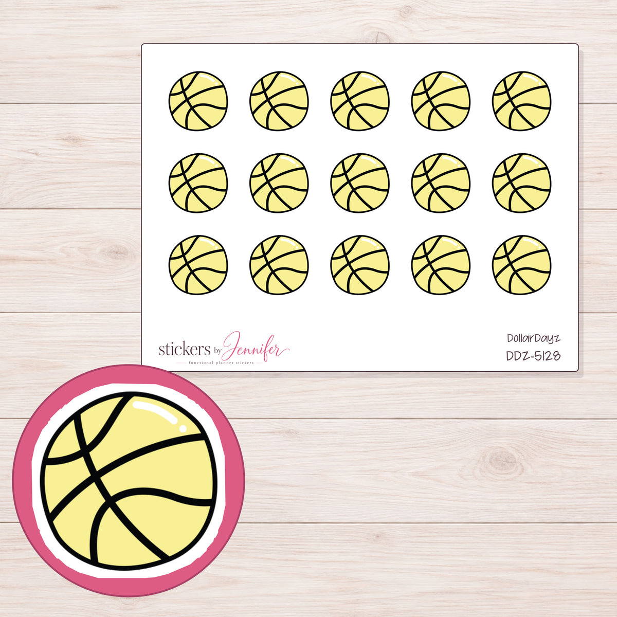 Yellow Basketball Planner Stickers | DDZ-5128 — 4 × 3 inch sheet and enlarged sticker detail