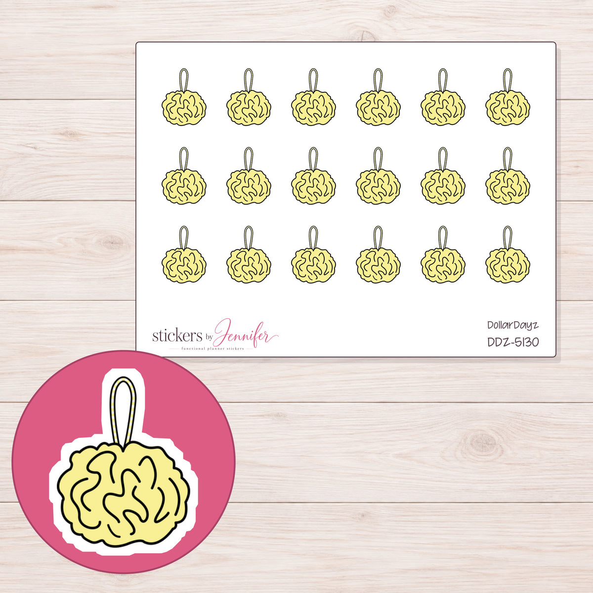 Yellow Bath Pouf Planner Stickers | DDZ-5130 — 4 × 3 inch sheet and enlarged sticker detail