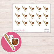 Baseball Bat Ball and Glove Planner Stickers | DDZ-5132 — 4 × 3 inch sheet and enlarged sticker detail