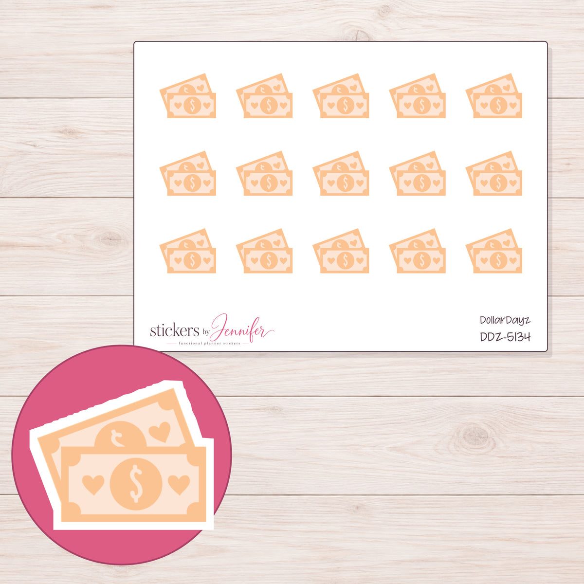 Peach Money Bills Planner Stickers | DDZ-5134 — 4 × 3 inch sheet and enlarged sticker detail