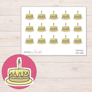 Yellow Birthday Cake Planner Stickers | DDZ-5135 — 4 × 3 inch sheet and enlarged sticker detail