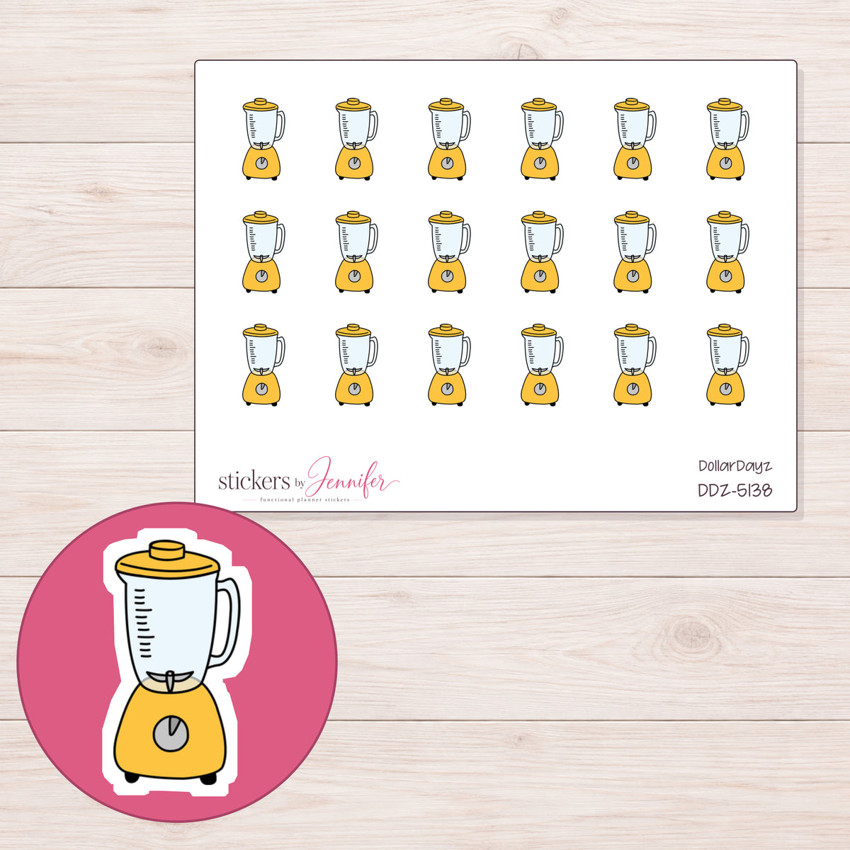 Yellow Blender Planner Stickers | DDZ-5138 — 4 × 3 inch sheet and enlarged sticker detail