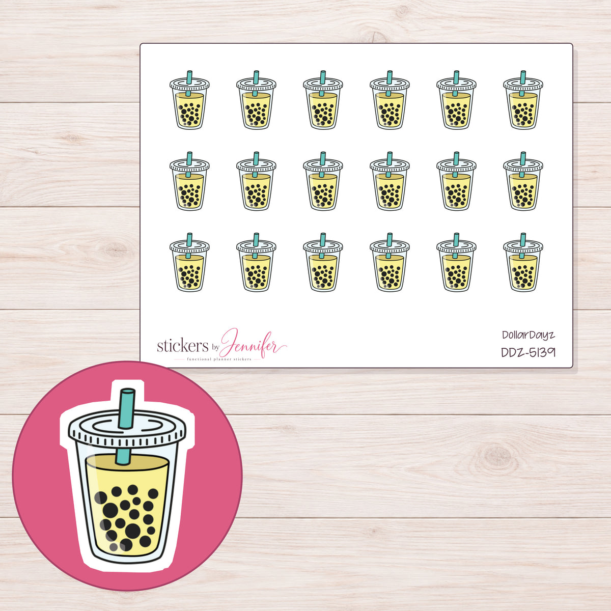 Yellow Boba Tea Planner Stickers | DDZ-5139 — 4 × 3 inch sheet and enlarged sticker detail