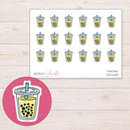 Yellow Boba Tea Planner Stickers | DDZ-5139 — 4 × 3 inch sheet and enlarged sticker detail
