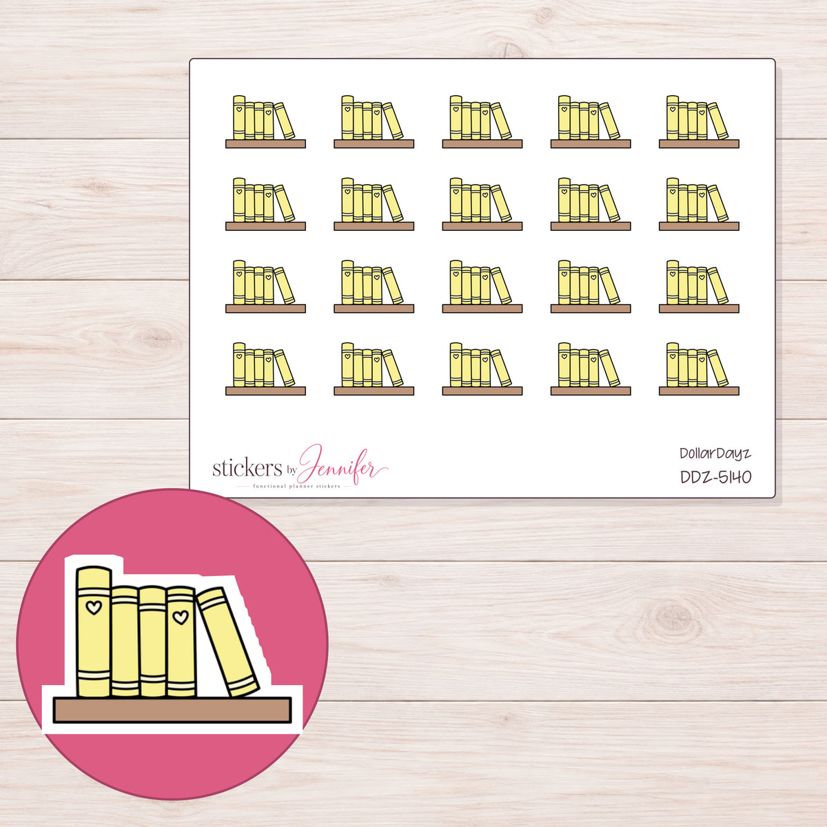 Yellow Books on Shelf Planner Stickers | DDZ-5140 — 4 × 3 inch sheet and enlarged sticker detail