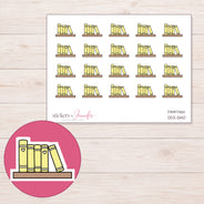 Yellow Books on Shelf Planner Stickers | DDZ-5140 — 4 × 3 inch sheet and enlarged sticker detail