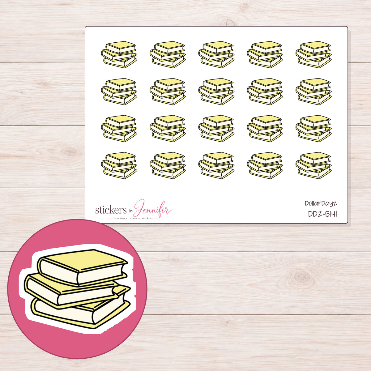 Yellow Stack of Books Planner Stickers | DDZ-5141 — 4 × 3 inch sheet and enlarged sticker detail