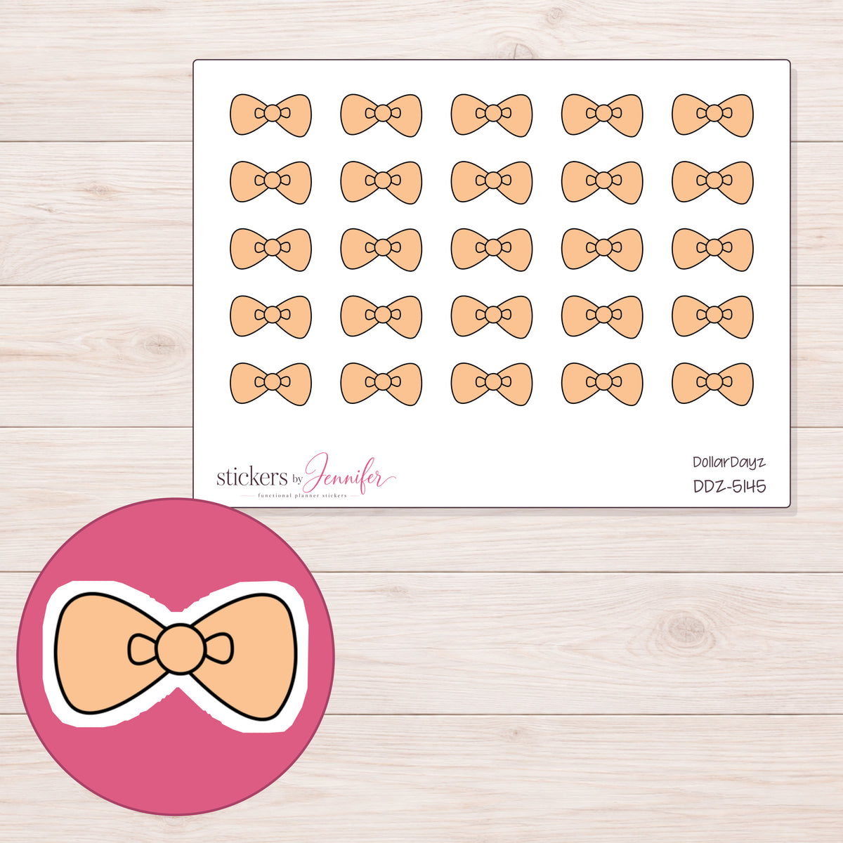 Peach Bow Tie Planner Stickers | DDZ-5145 — 4 × 3 inch sheet and enlarged sticker detail