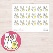 Yellow Bowling Ball and Pins Planner Stickers | DDZ-5148 — 4 × 3 inch sheet and enlarged sticker detail
