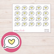 Yellow Heart Speech Bubble Planner Stickers | DDZ-5150 — 4 × 3 inch sheet and enlarged sticker detail
