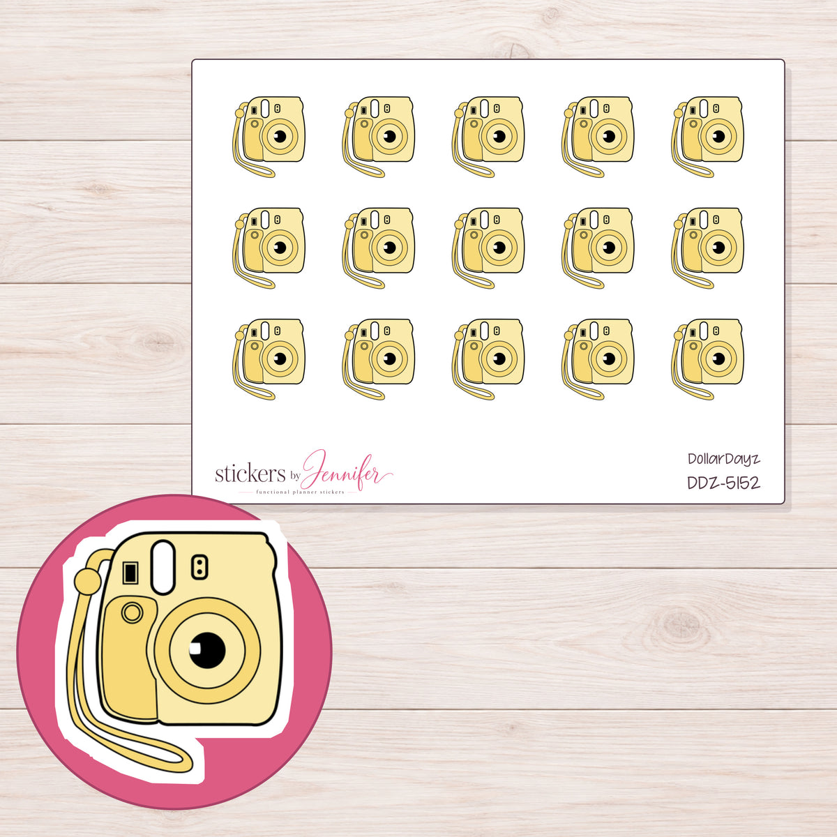 Yellow Instant Camera Planner Stickers | DDZ-5152 — 4 × 3 inch sheet and enlarged sticker detail