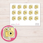 Yellow Instant Camera Planner Stickers | DDZ-5152 — 4 × 3 inch sheet and enlarged sticker detail