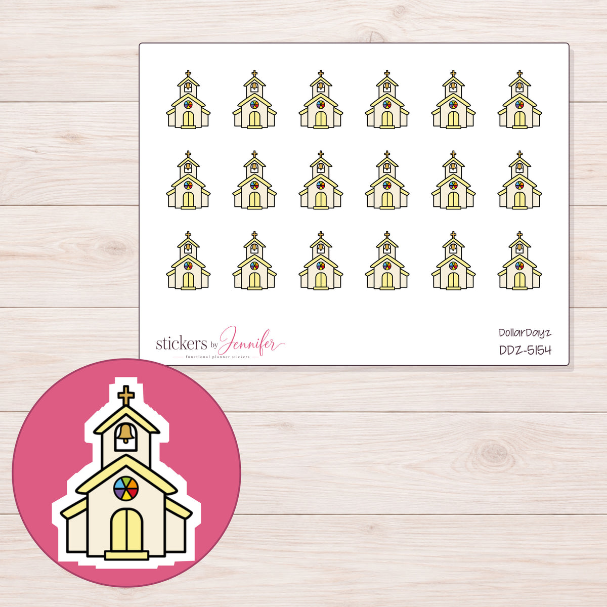 Yellow Church Planner Stickers | DDZ-5154 — 4 × 3 inch sheet and enlarged sticker detail