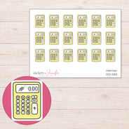 Yellow Calculator Planner Stickers | DDZ-5155 — 4 × 3 inch sheet and enlarged sticker detail