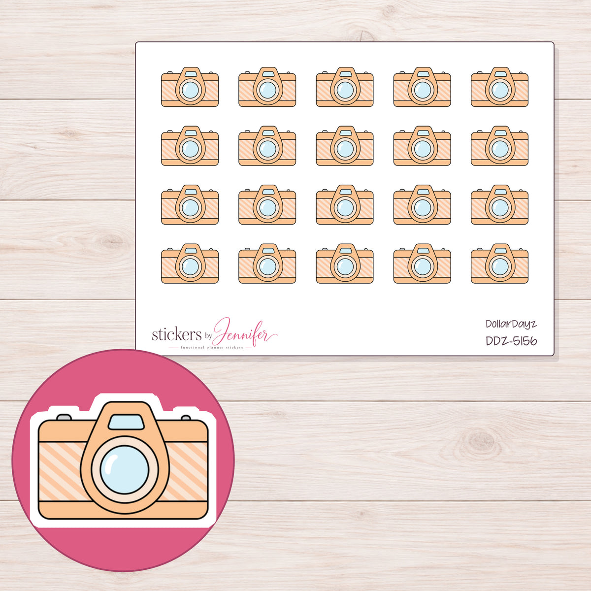Peach Camera Planner Stickers | DDZ-5156 — 4 × 3 inch sheet and enlarged sticker detail