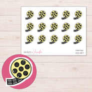 Yellow Film Reel Planner Stickers | DDZ-5157 — 4 × 3 inch sheet and enlarged sticker detail