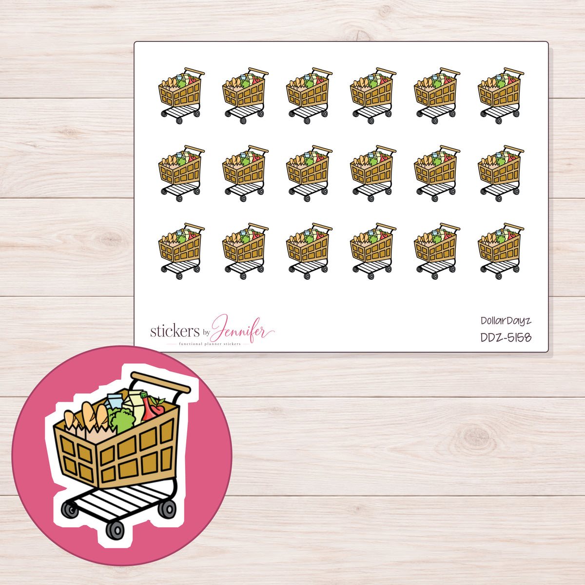 Grocery Shopping Cart Planner Stickers | DDZ-5158 — 4 × 3 inch sheet and enlarged sticker detail