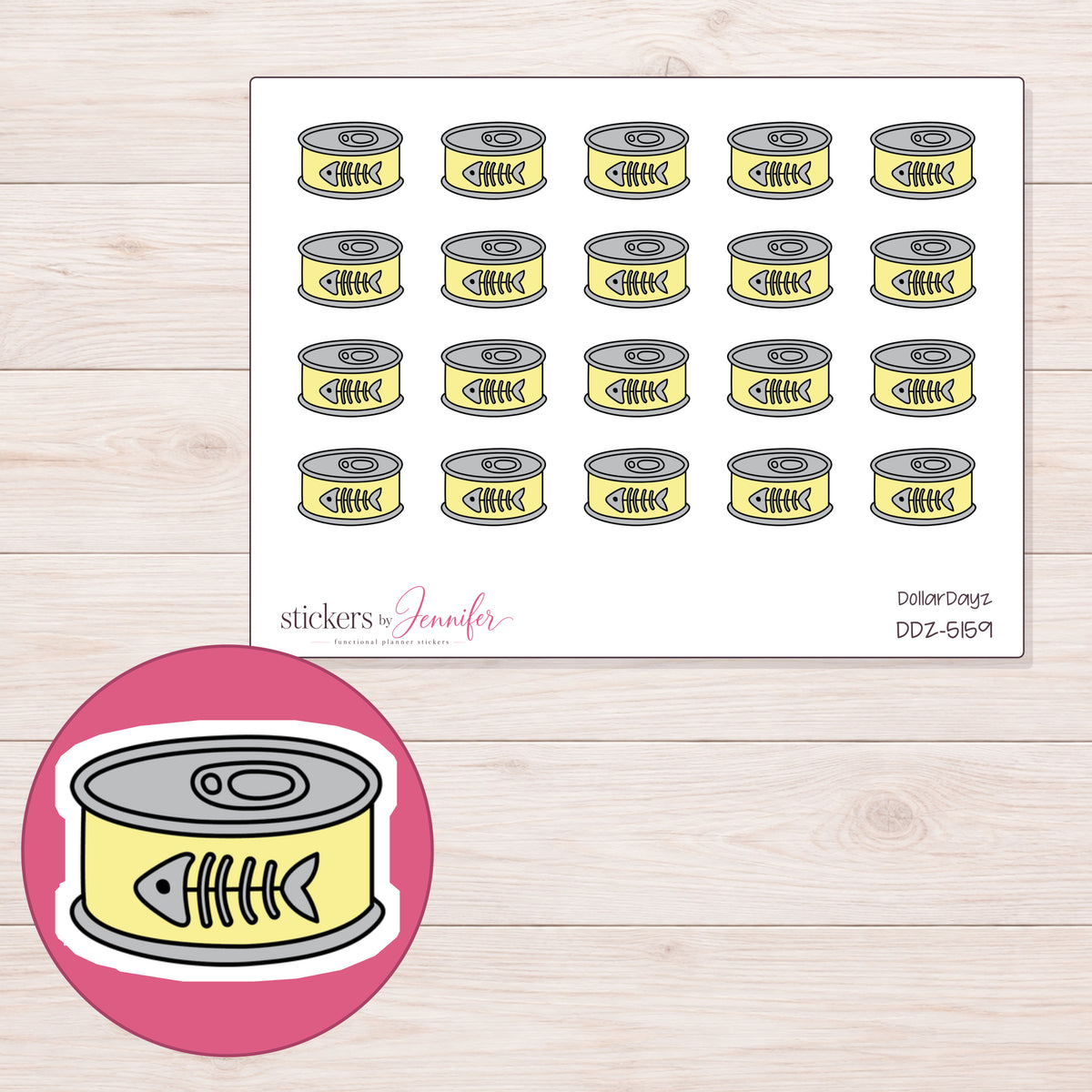 Yellow Cat Food Tin Planner Stickers | DDZ-5159 — 4 × 3 inch sheet and enlarged sticker detail